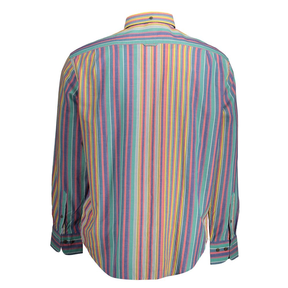 Colorful striped long-sleeved shirt with buttoned cuffs and collar, viewed from the back, showcasing a vibrant and modern design.