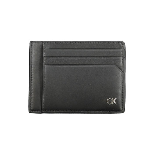 Calvin Klein Black Leather Wallet with logo, card holder, one compartment, coin pocket, and spaces for cards.