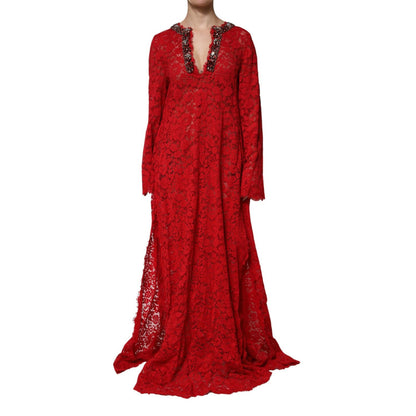 Dolce & Gabbana Red Floral Lace Rhinestone Embellished Dress