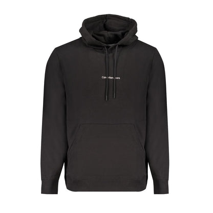 Calvin Klein Black Cotton Men Sweater with hood and logo, featuring brushed interior and central pocket for style and comfort.