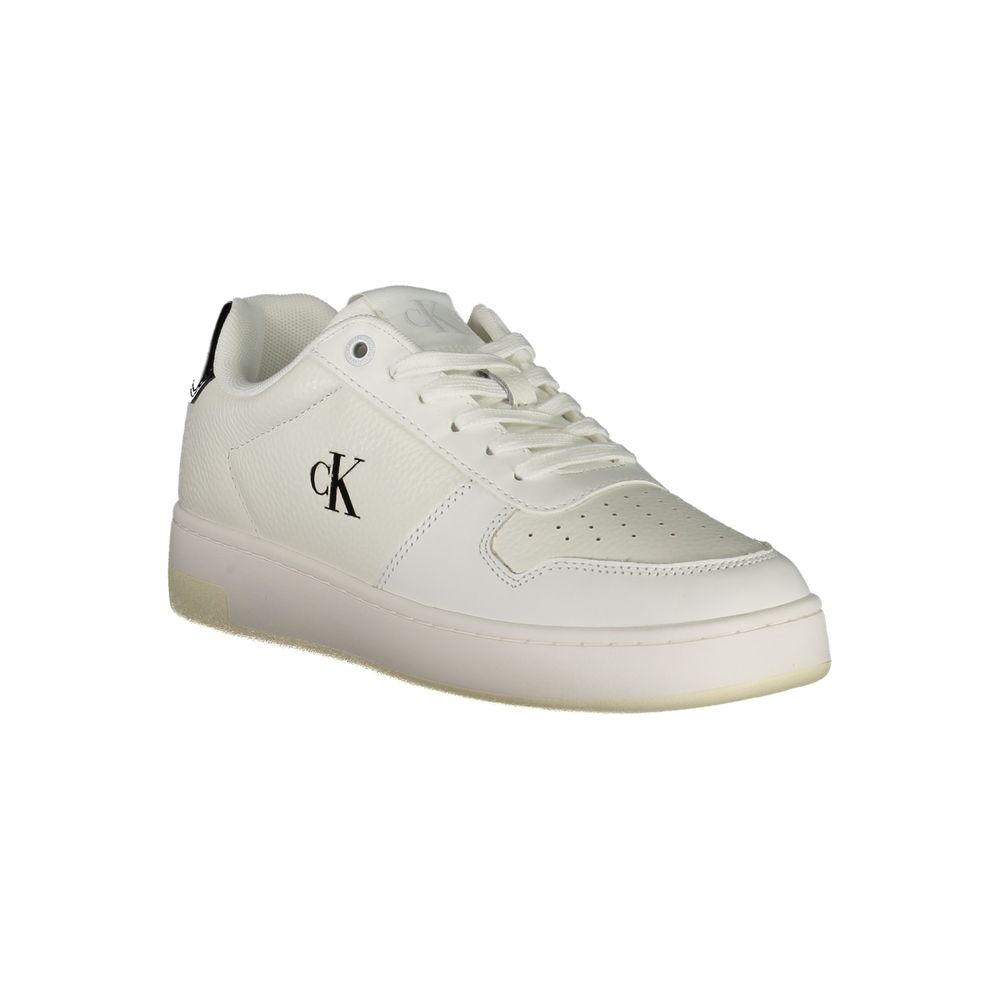 Calvin Klein White Leather Women Sneaker with black accents and logo, featuring a sleek design and removable footbed for ultimate comfort.