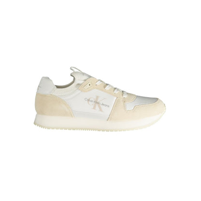 Calvin Klein White Polyester Sneaker with laces, contrast details, and logo, ideal sports footwear.