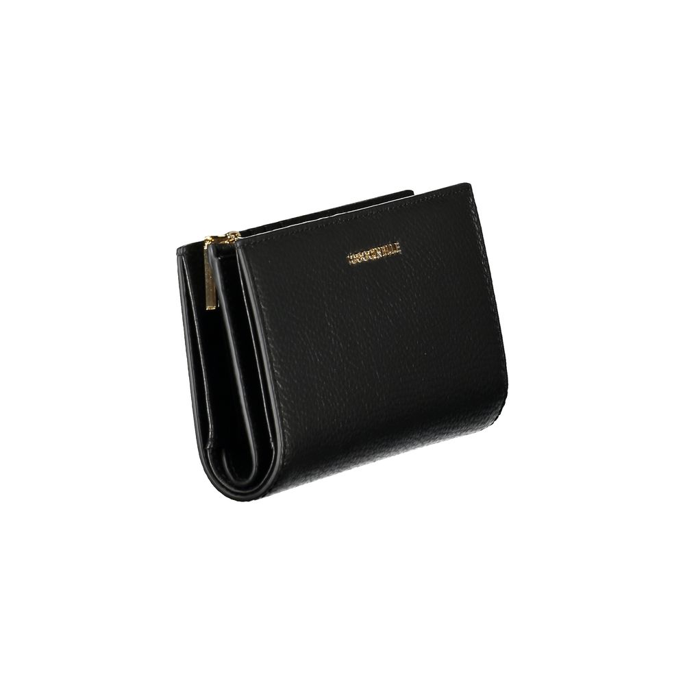 Coccinelle Black Leather Women Wallet with sleek design and gold logo, featuring dual compartments and a secure coin purse.