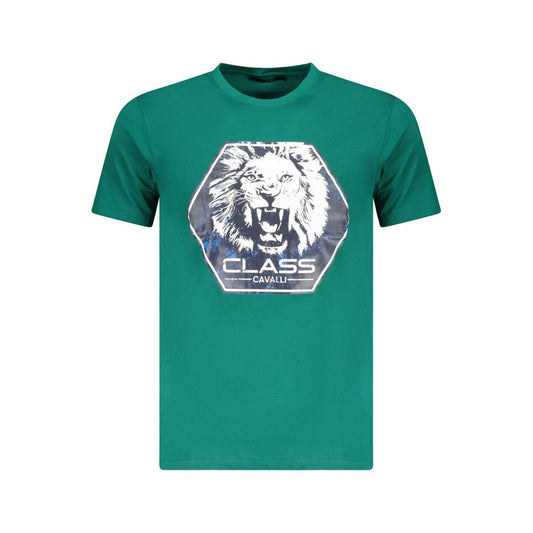 Cavalli Class Green Cotton T-Shirt, crew neck, short sleeve with lion print and logo design
