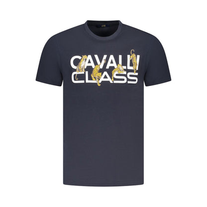 Cavalli Class Blue Cotton Men T-Shirt featuring bold print and logo, high-fashion short sleeve crew neck design.