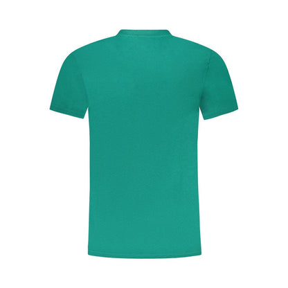 Back view of Cavalli Class Green Cotton Men T-Shirt showcasing short sleeves and crew neck in bold green color.