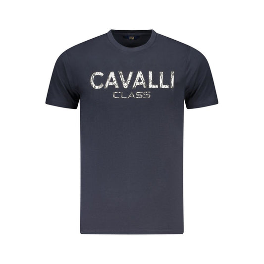 Cavalli Class Blue Cotton Men T-Shirt with bold logo and crew neck design for modern luxury fashion.