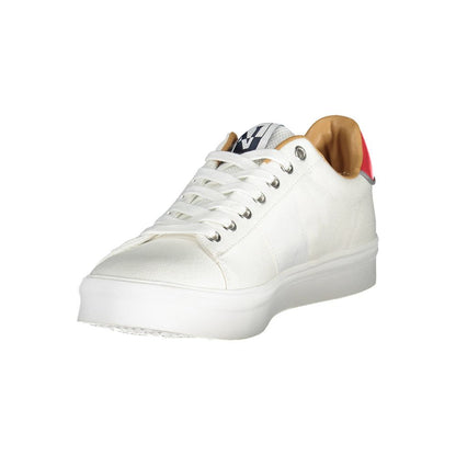 Napapijri White Polyester Men Sneaker featuring laces, contrasting details, and iconic logo, crafted for trendsetters. CN origin, sports shoes.