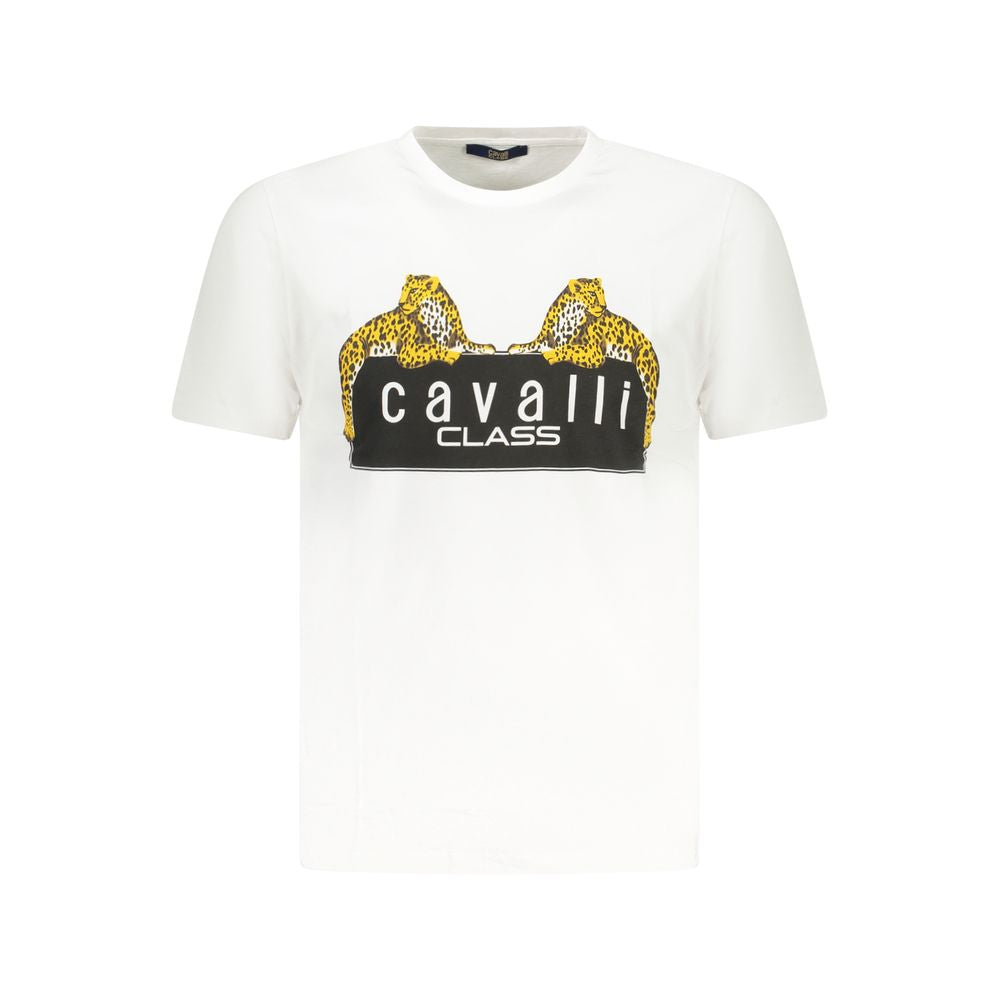 Cavalli Class White Cotton T-Shirt with short sleeves, crew neck, and logo print