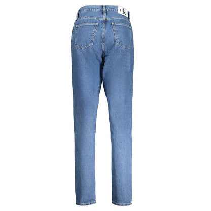 Calvin Klein Blue Cotton Women Jeans featuring classic five-pocket design and CK logo, crafted with 20% recycled cotton for eco-friendly style.