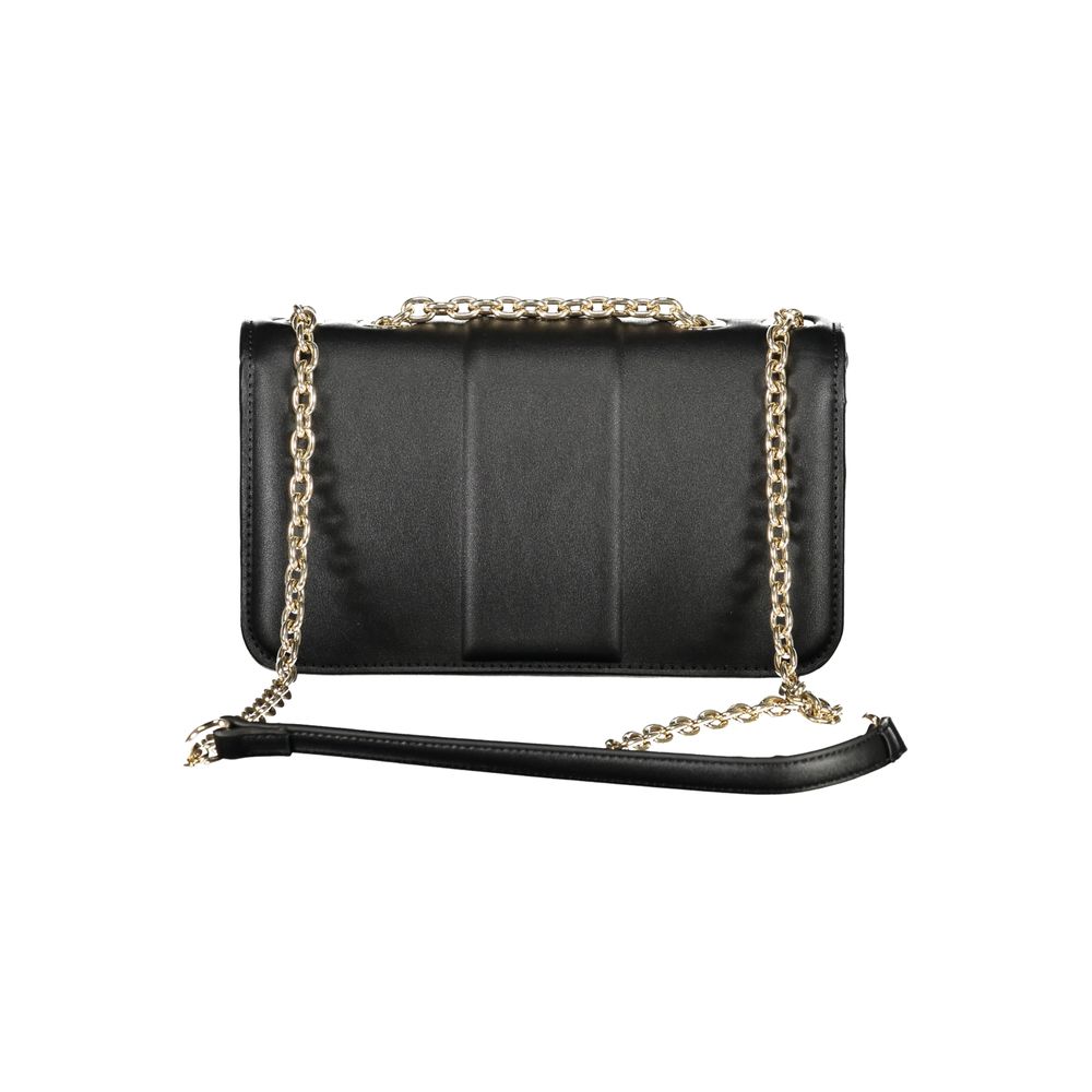 Mario Valentino Black Polyethylene Women Handbag with chain shoulder strap and snap closure, elegant and sophisticated design.
