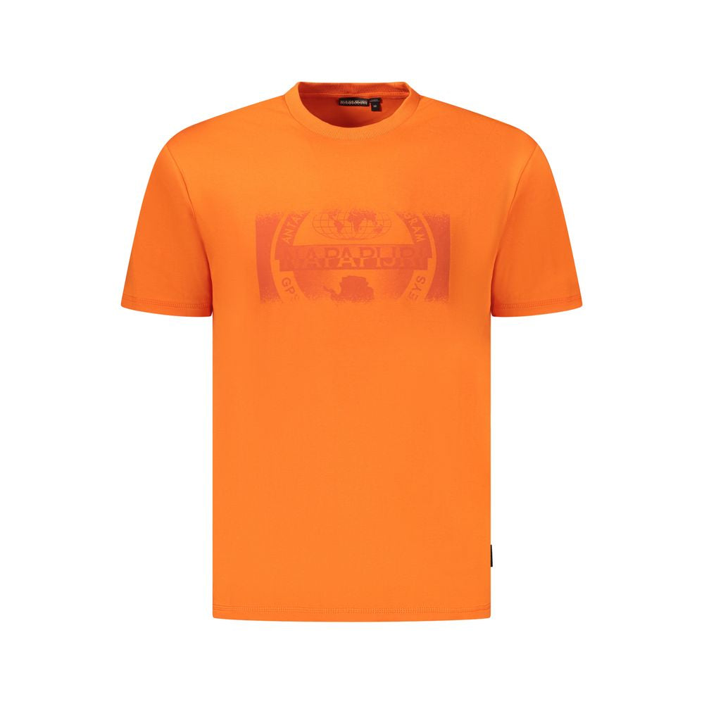 Napapijri Orange Cotton Men T-Shirt with bold logo print, short sleeves, crew neck, made from organic cotton.