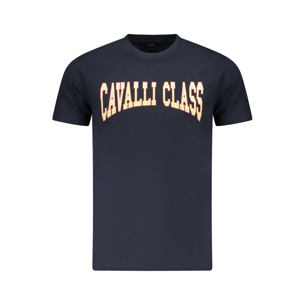 Cavalli Class Blue Cotton Men T-Shirt with signature print, classic crew neck, and short sleeves.