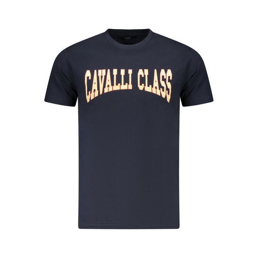 Cavalli Class Blue Cotton Men T-Shirt with signature print, classic crew neck, and short sleeves.