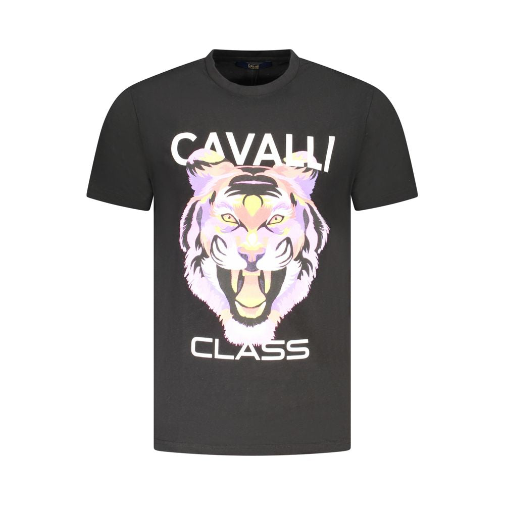 Cavalli Class Black Cotton Men T-Shirt with bold print and iconic logo on front, high-end fashion wear for modern men.