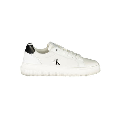 Calvin Klein White Leather Women Sneaker with black details and logo, stylish lace-up design.