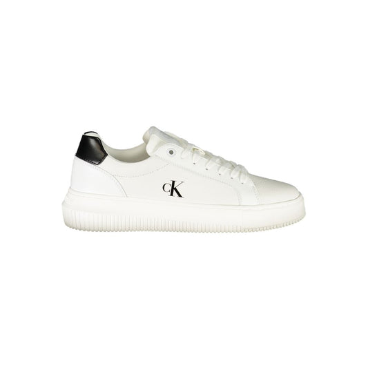 Calvin Klein White Leather Women Sneaker with black details and logo, stylish lace-up design.