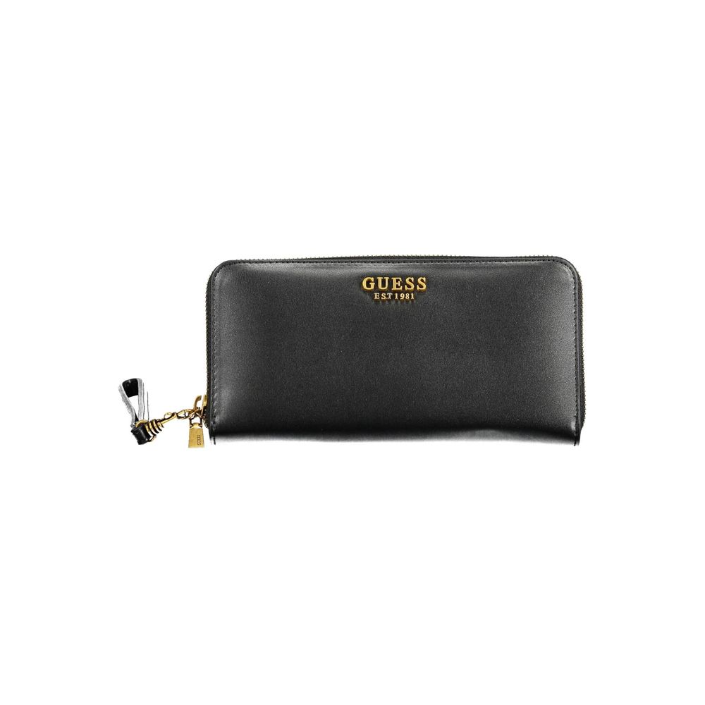 Guess Jeans Black Polyethylene Women Wallet with zip closure and elegant design.