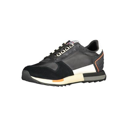 Napapijri Black Leather Men Sneaker with chic black hue and contrasting details, blending polyester, leather, and polyethylene for elegance.