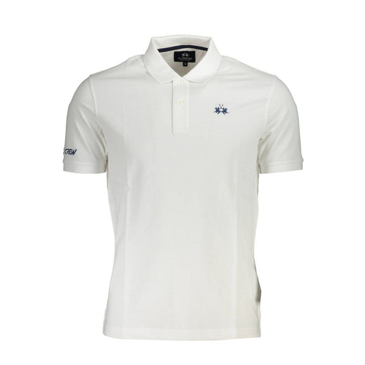 La Martina White Cotton Men Polo Shirt with iconic embroidery, elegant 2-button placket showcasing luxury and comfort for modern style.