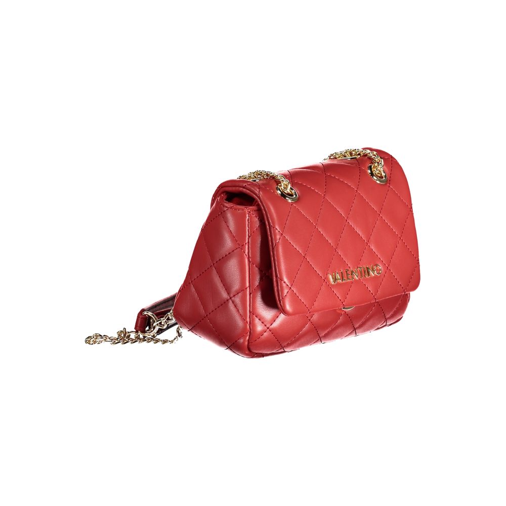Mario Valentino Red Polyethylene Handbag with chain strap, quilted texture, internal pocket, contrast details, and clip closure.