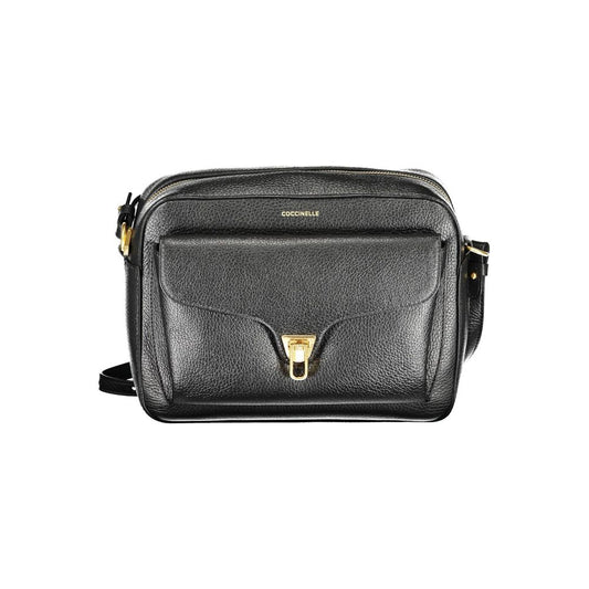 Coccinelle Black Leather Women Handbag with adjustable shoulder strap, showcasing elegant design and functional pockets.