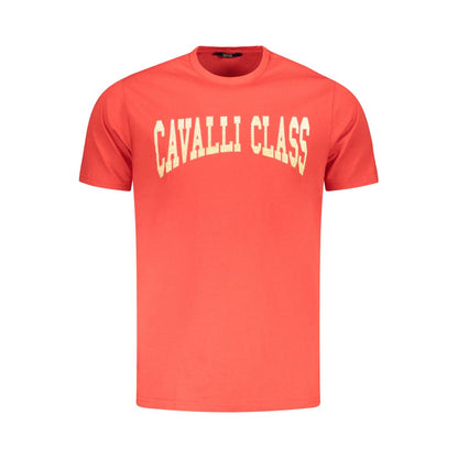 Cavalli Class Red Cotton Men T-Shirt with bold logo print on front, embodying Italian craftsmanship and style in premium cotton material.