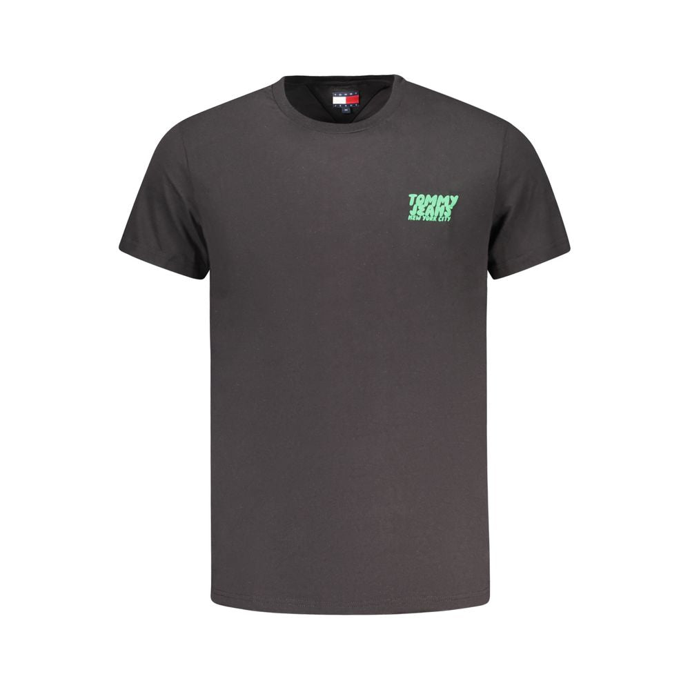 Tommy Hilfiger Black Cotton Men T-Shirt featuring the iconic logo on the front, perfect for casual and sustainable style.