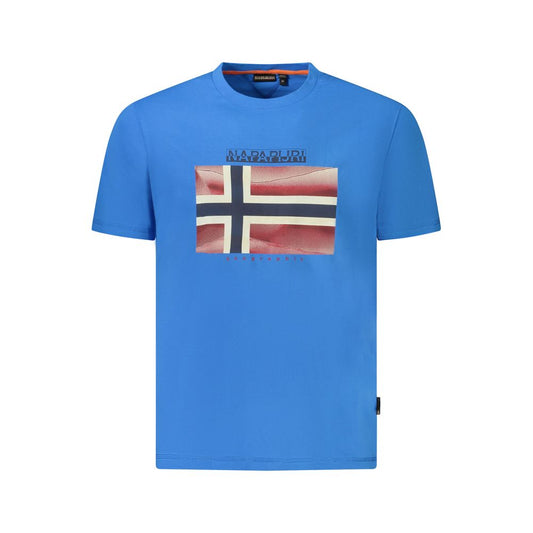 Napapijri Blue Cotton Men T-Shirt with logo and print, relaxed-fit, short sleeves, crew neck, 100% organic cotton.