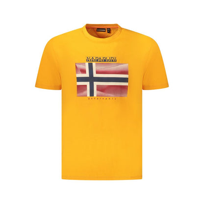 Napapijri Orange Cotton Men T-Shirt with signature logo and flag design on front, short-sleeve crew neck style crafted from organic cotton.