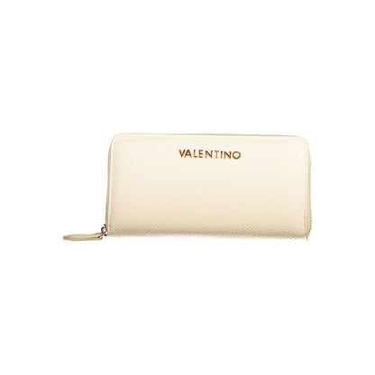 Mario Valentino Beige Polyethylene Wallet with 6 compartments, coin purse, double card spaces, zip closure, and logo.