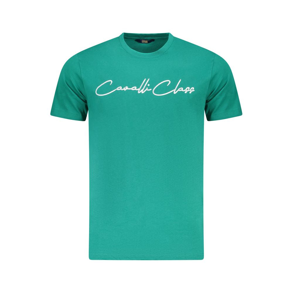 Cavalli Class Green Cotton Men T-Shirt with signature print and logo, bold crew neck design in vibrant green for a luxury fashion statement.