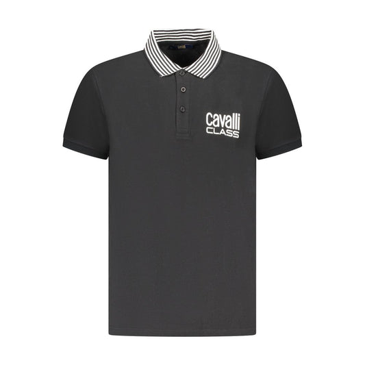 Cavalli Class Black Cotton Men Polo Shirt with bold logo and contrasting details.