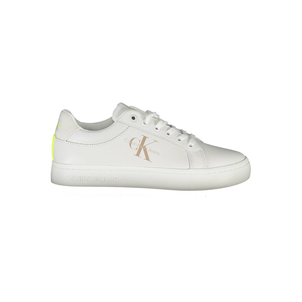 Calvin Klein White Leather Women Sneaker with eco-friendly design, iconic logo, and contrasting details in side view.
