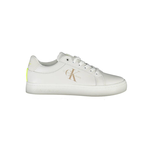 Calvin Klein White Leather Women Sneaker with eco-friendly design, iconic logo, and contrasting details in side view.