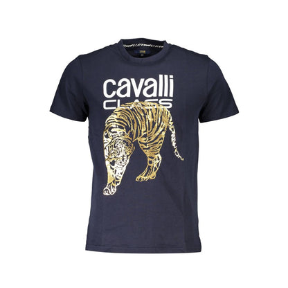 Cavalli Class Blue Cotton Men T-Shirt with bold tiger print, branded logo, crew neck, and short sleeves, showcasing Italian design.