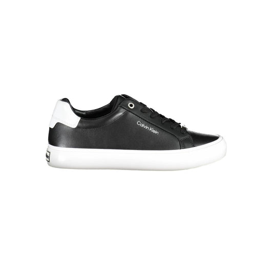 Calvin Klein Black Leather Women Sneaker with contrasting white sole, showcasing urban elegance and sustainable materials.
