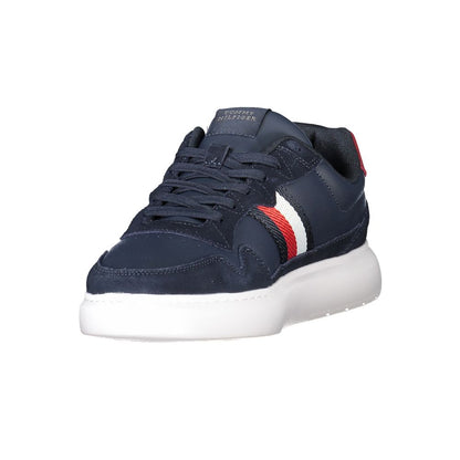 Tommy Hilfiger Blue Leather Men Sneaker with white sole, brand logo, and stylish design, perfect for modern fashion.