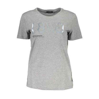 Guess Jeans Gray Cotton Women T-Shirt with logo and print, short sleeves, and wide neck for stylish casual wear.