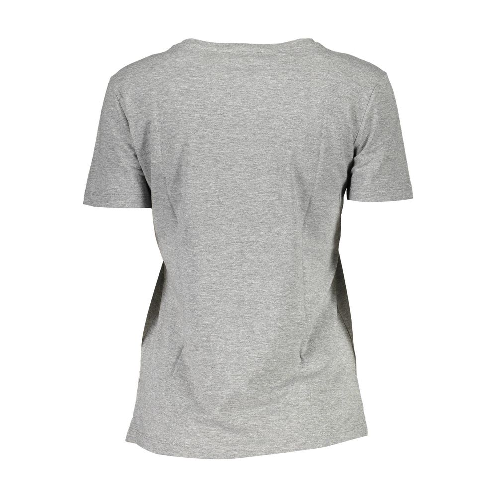 Back view of Guess Jeans Gray Cotton Women T-Shirt, short sleeve, wide neck, with iconic logo, perfect for casual chic style.