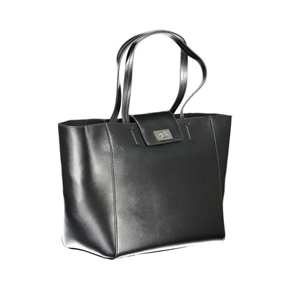 Calvin Klein Black Polyester Handbag with dual shoulder handles, internal pocket, snap closure, and logo, made from recycled polyester.