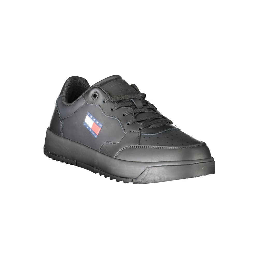 Tommy Hilfiger Black Polyethylene Men Sneaker with logo, sleek design, and lace-up style for fashion and function.