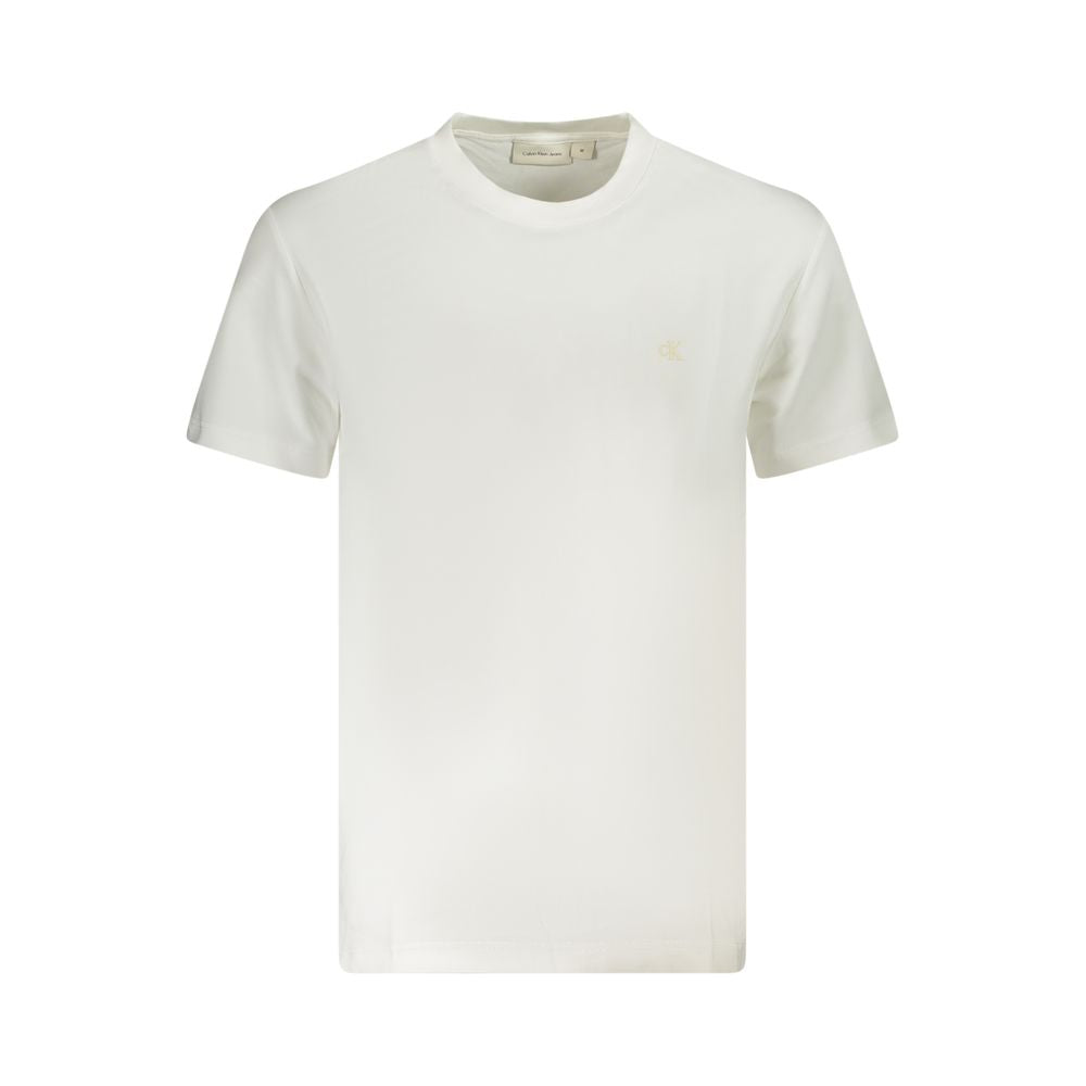 Calvin Klein White Cotton Men T-Shirt with bold logo, crew neck, eco-friendly material, perfect for casual wear.
