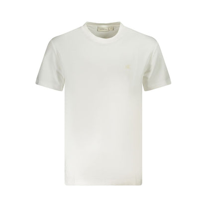 Calvin Klein White Cotton Men T-Shirt with bold logo, crew neck, eco-friendly material, perfect for casual wear.