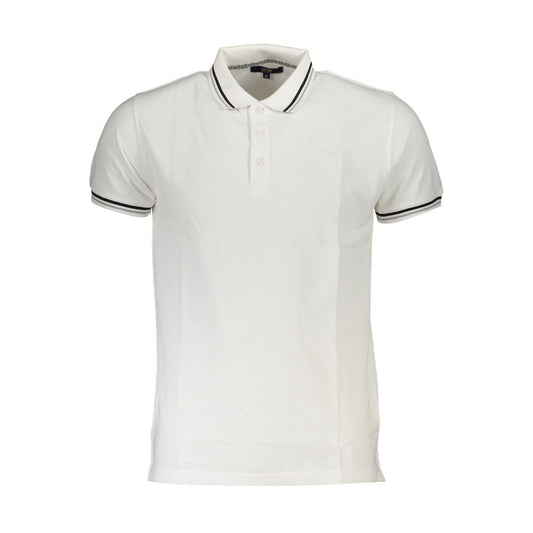 Cavalli Class White Cotton Men Polo Shirt with short sleeves and contrasting details, featuring signature embroidery for a classy look.