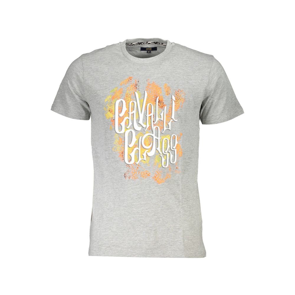 Cavalli Class Brown Cotton Men T-Shirt with logo and colorful print, short sleeves, crew neck, elegant high-end fashion