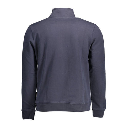 Rear view of Napapijri Blue Cotton Men Sweater, showcasing premium cotton blend and sleek design with long sleeves and zip closure.