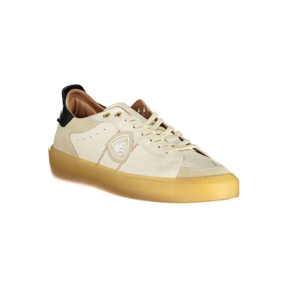 Alt Tag: Blauer White Leather Men Sneaker with bold contrasting details and iconic Blauer logo on the side, designed for style and comfort.