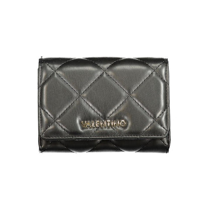 Mario Valentino Black Polyethylene Wallet with 3 compartments, coin purse, card spaces, logo, and zip closure.