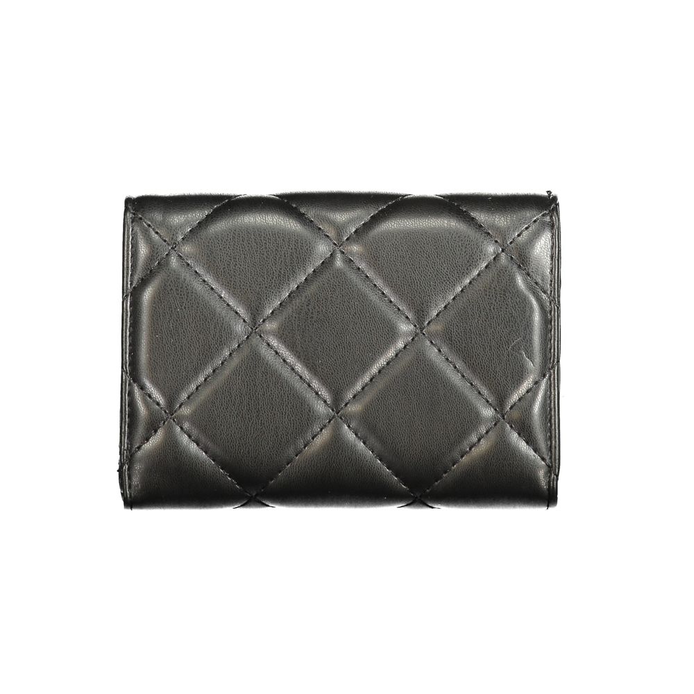 Mario Valentino Black Polyethylene Wallet with quilted design, featuring 3 compartments, coin purse, card spaces, and zip closure.